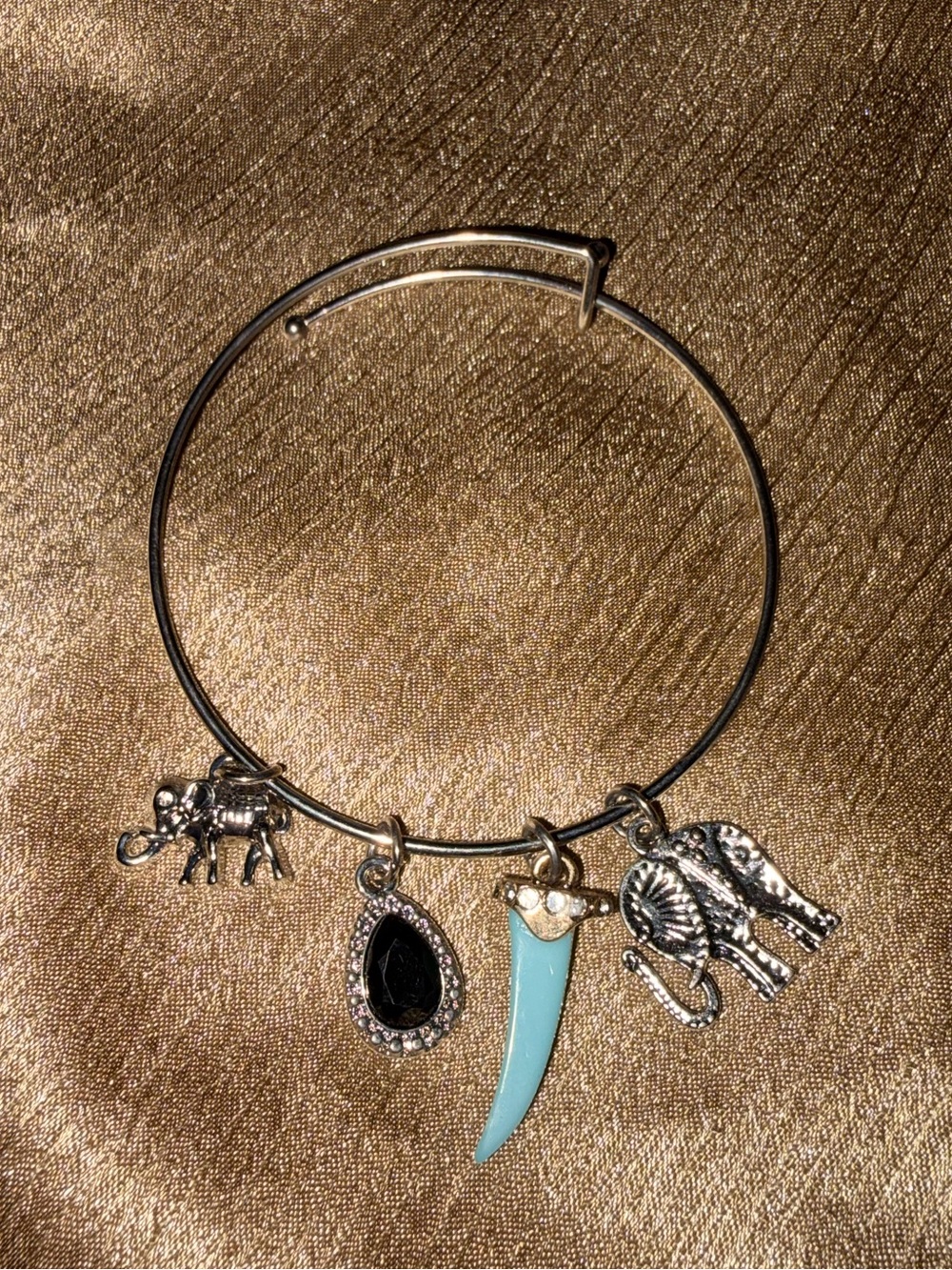 Silver Charm Bangle Bracelet with Turquoise Horn & Elephant Charms